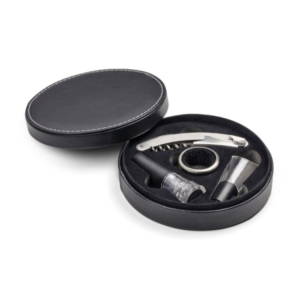 Wine Tool Set in Round Faux Leather Box