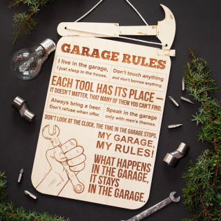 Engraved Wooden Board "Garage Rules" (in English)