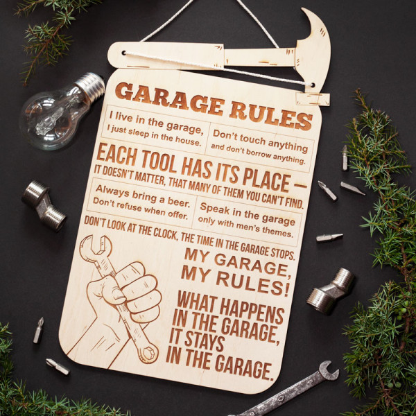Engraved Wooden Board "Garage Rules" (in English) Engraved Wooden Board "Garage Rules" (in English)