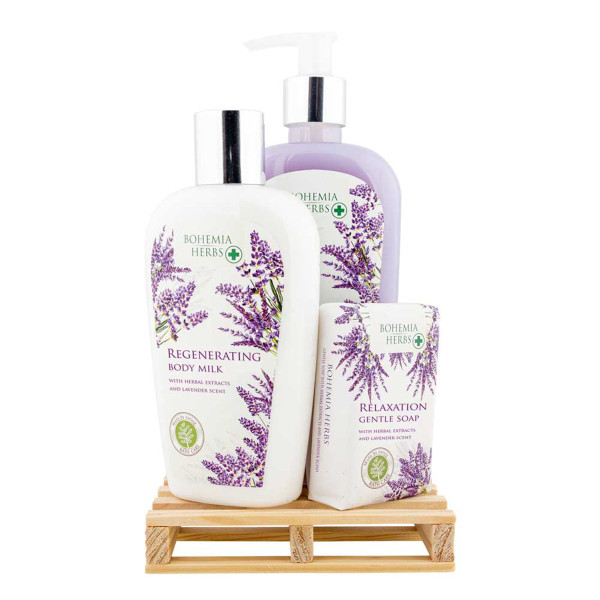 Cosmetic gift set "Lavender SPA" (liquid soap 300ml + body lotion 250ml + soap 100g) Cosmetic gift set "Lavender SPA" (liquid soap 300ml + body lotion 250ml + soap 100g)