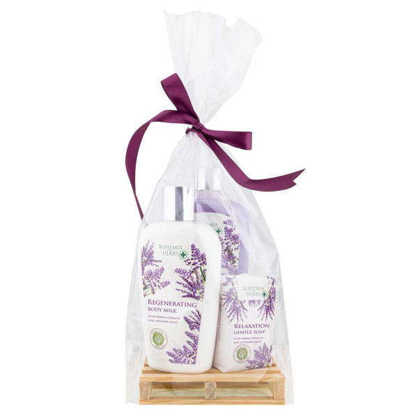 Cosmetic gift set "Lavender SPA" (liquid soap 300ml + body lotion 250ml + soap 100g) Cosmetic gift set "Lavender SPA" (liquid soap 300ml + body lotion 250ml + soap 100g)