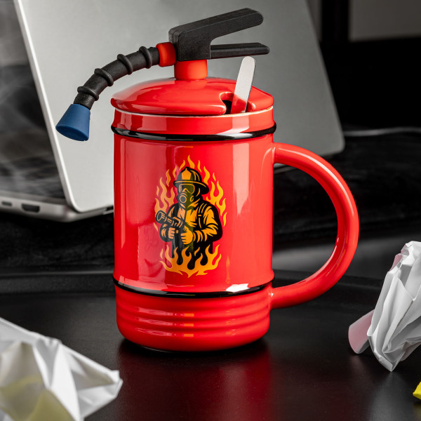 Firefighter mug “Extinguisher” with lid and spoon (450 ml)