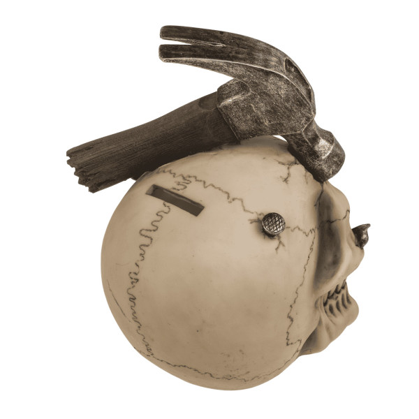 Skull-Shaped Money Box with Hammer and Nails Skull-Shaped Money Box with Hammer and Nails
