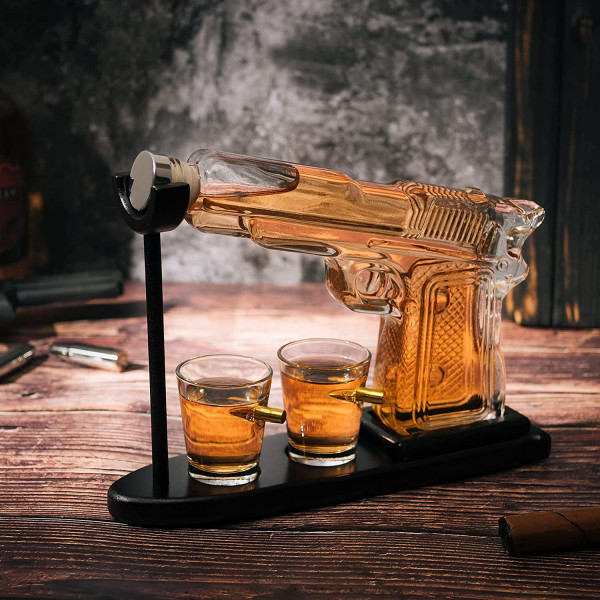 Pistol-Shaped Decanter and 2 Shot Glasses Set