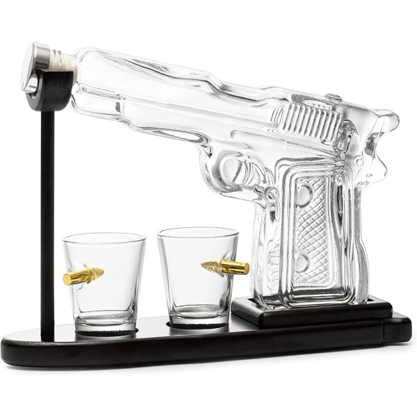 Pistol-Shaped Decanter and 2 Shot Glasses Set