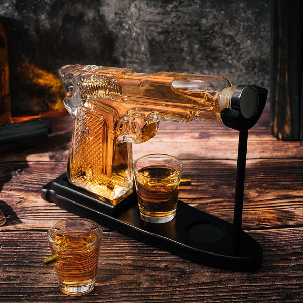 Pistol-Shaped Decanter and 2 Shot Glasses Set