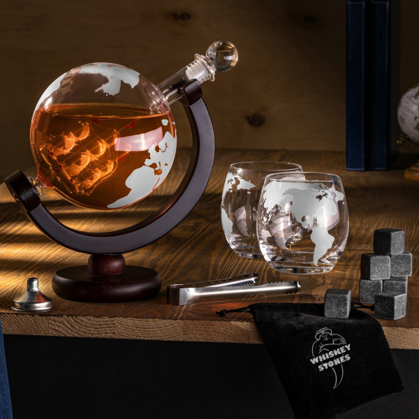Globe-shaped carafe with 2 glasses DELUXE