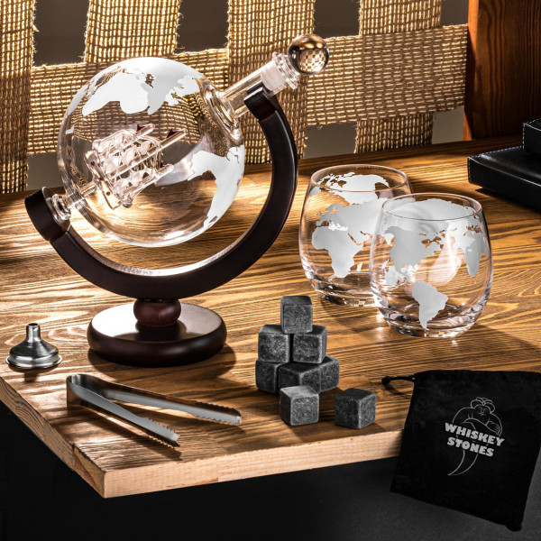 Globe-shaped carafe with 2 glasses DELUXE
