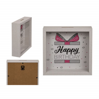 Wooden piggy bank with window "Happy birthday"