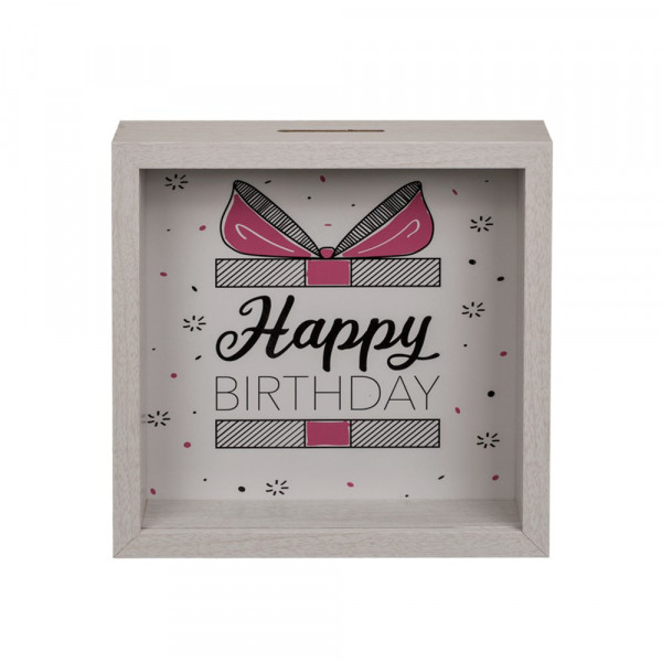 Wooden piggy bank with window "Happy birthday"