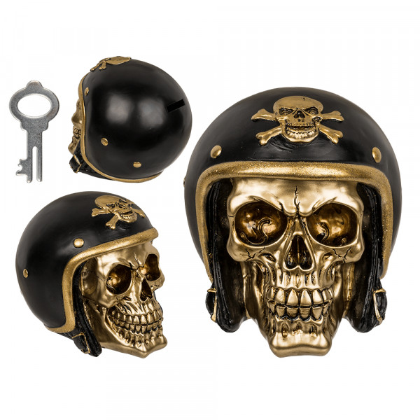 Gold-colored skull piggy bank with black helmet