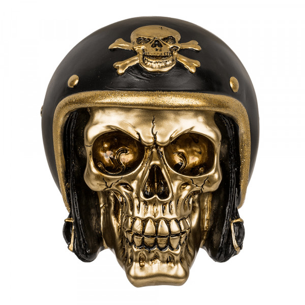 Gold-colored skull piggy bank with black helmet