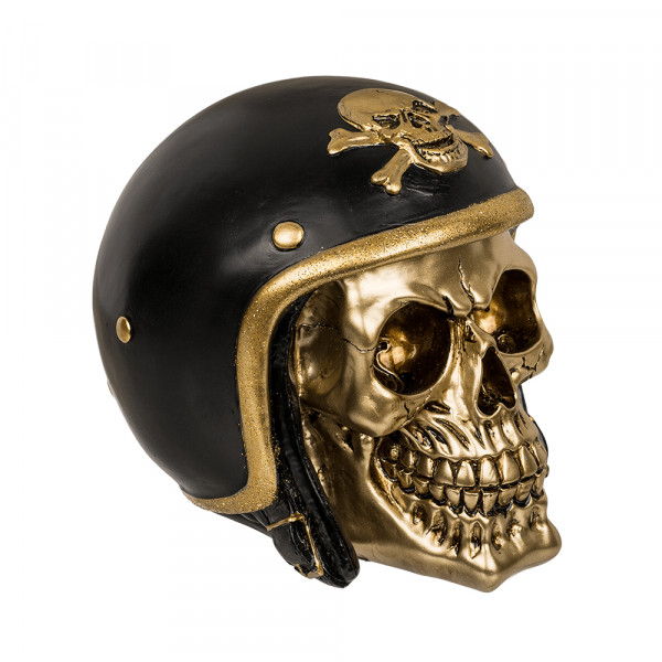Gold-colored skull piggy bank with black helmet