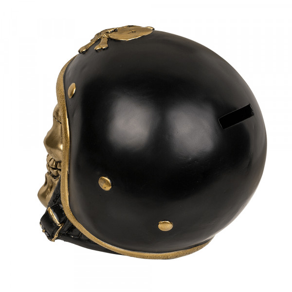 Gold-colored skull piggy bank with black helmet