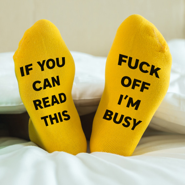 Socks with print on soles "Fuck off, I'm busy"