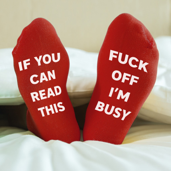 Socks with print on soles "Fuck off, I'm busy"