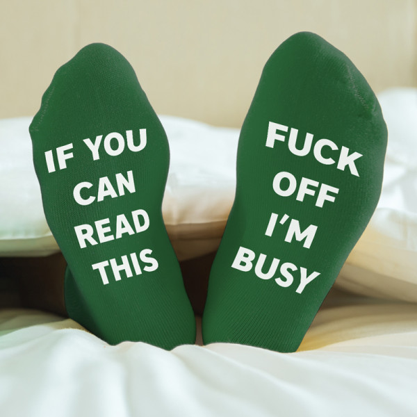 Socks with print on soles "Fuck off, I'm busy"