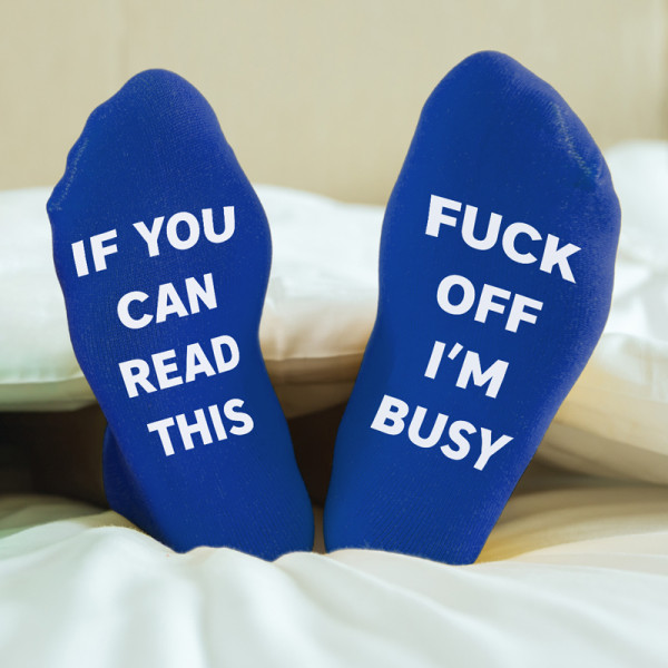 Socks with print on soles "Fuck off, I'm busy"