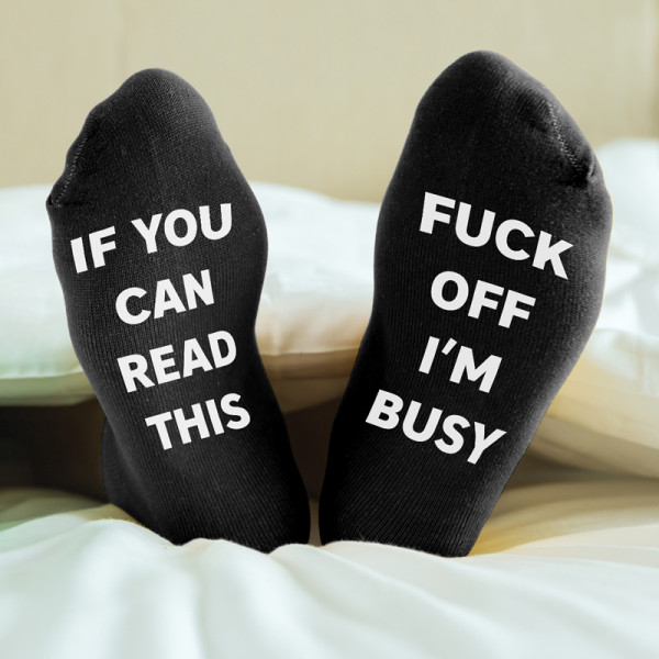 Socks with print on soles "Fuck off, I'm busy"