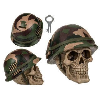 Skull-shaped piggy bank with army helmet