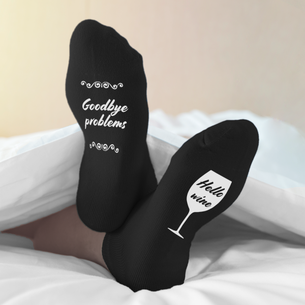 Socks with print on soles "Hello wine - Goodbye problems"