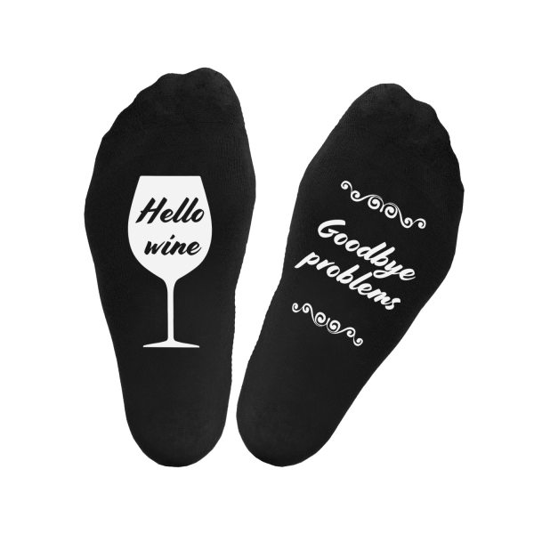 Socks with print on soles "Hello wine - Goodbye problems"