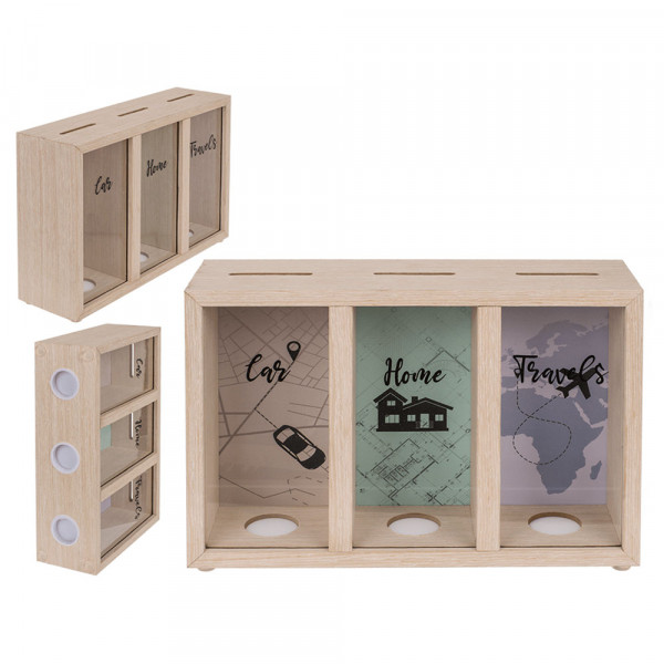 Three-Part Wooden Piggy Bank "Car/Home/Travels"