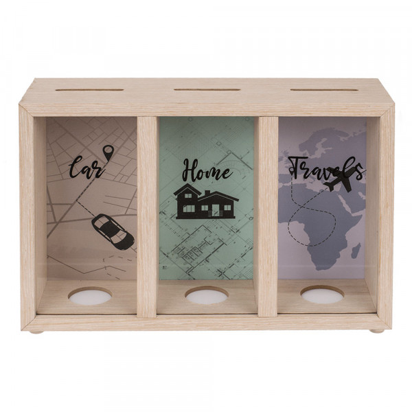 Three-Part Wooden Piggy Bank "Car/Home/Travels"