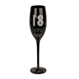 Black champagne glass with number "18"