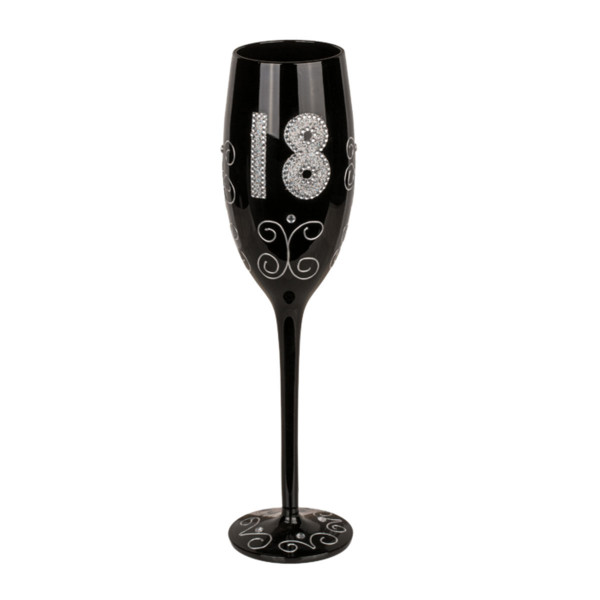 Black champagne glass with number "18" Black champagne glass with number "18"