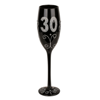 Black champagne glass with number "30"