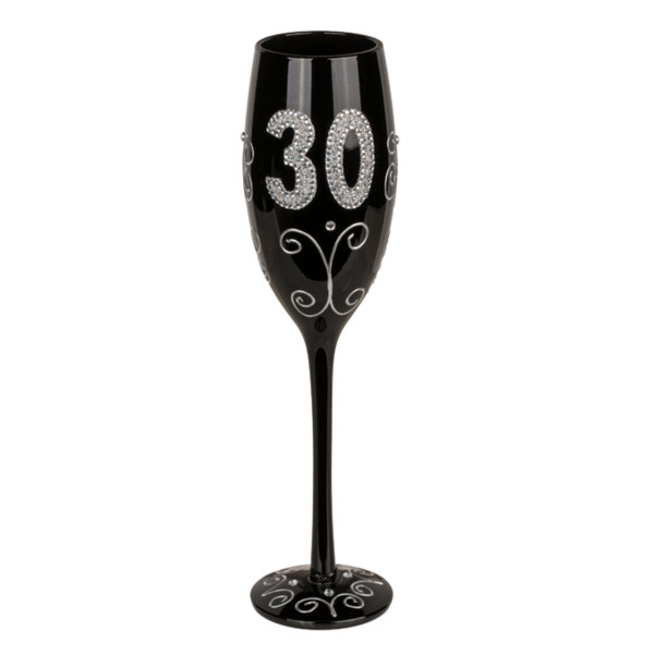 Black champagne glass with number "30" Black champagne glass with number "30"