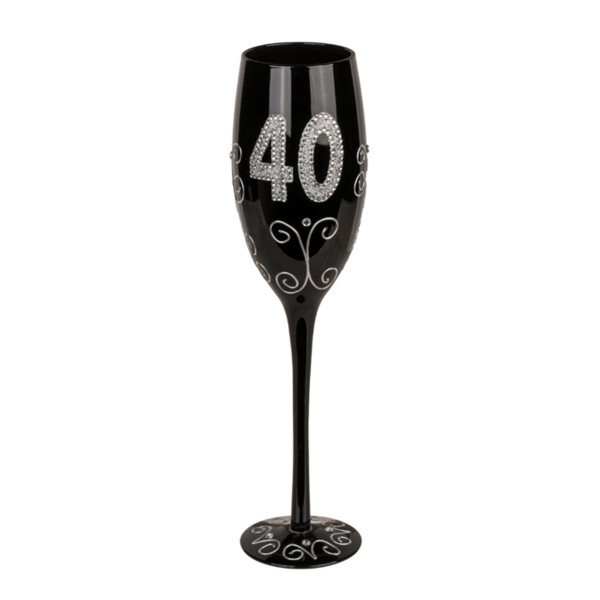 Black champagne glass with number "40" Black champagne glass with number "40"