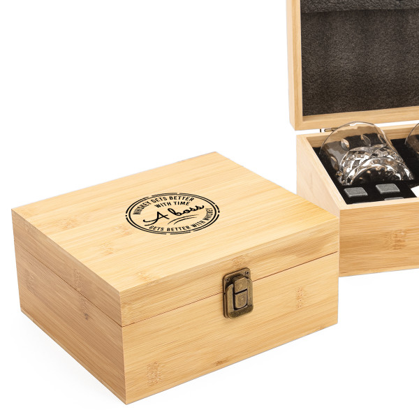 A luxurious set of whiskey glasses in a bamboo box "Good BOSS"