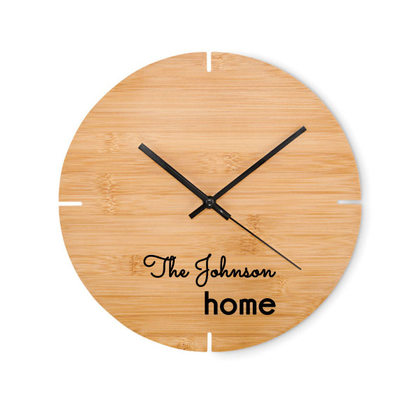 Bamboo wall clock "Home" with your chosen surname