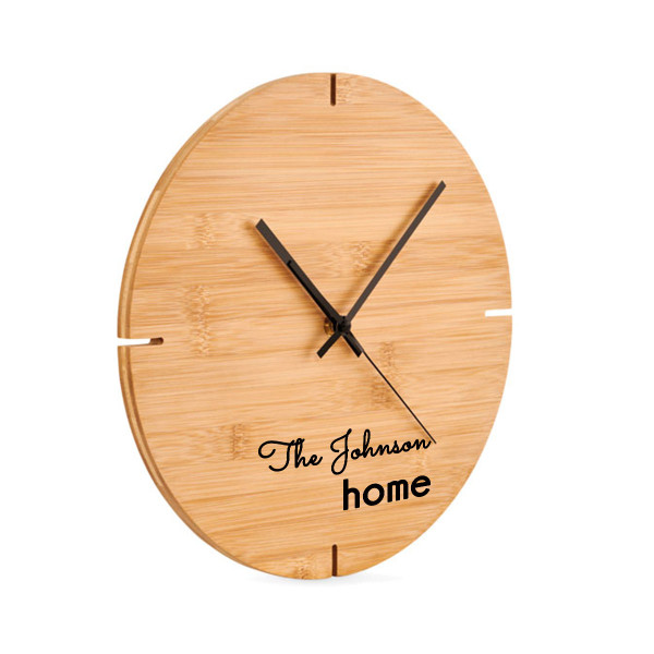 Bamboo wall clock "Home" with your chosen surname