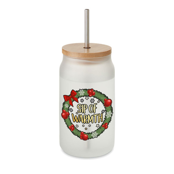 Glass drinking jar with metal straw  "Sip of Warmth", 400ml