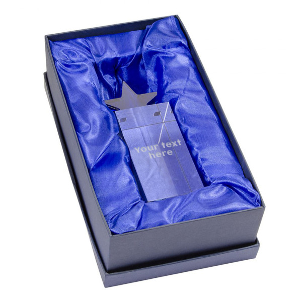 Glass trophy "Blue Star" with your engraved text Glass trophy "Blue Star" with your engraved text