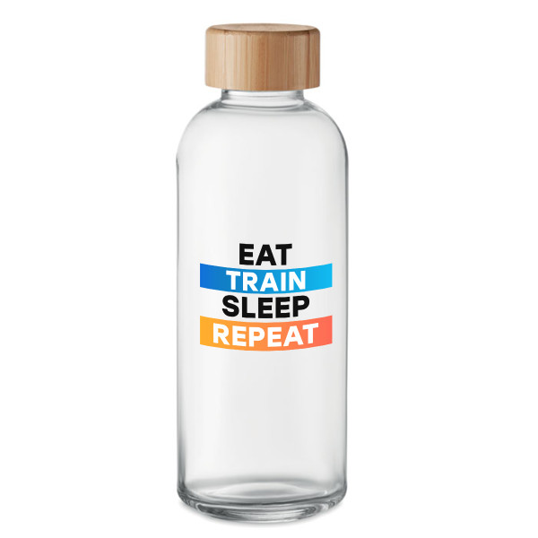 Glass water bottle "Eat, Train, Sleep, Repeat" (650ml) Glass water bottle "Eat, Train, Sleep, Repeat" (650ml)
