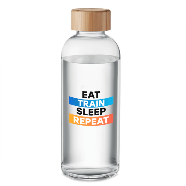 Glass water bottle "Eat, Train, Sleep, Repeat" (650ml) Glass water bottle "Eat, Train, Sleep, Repeat" (650ml)