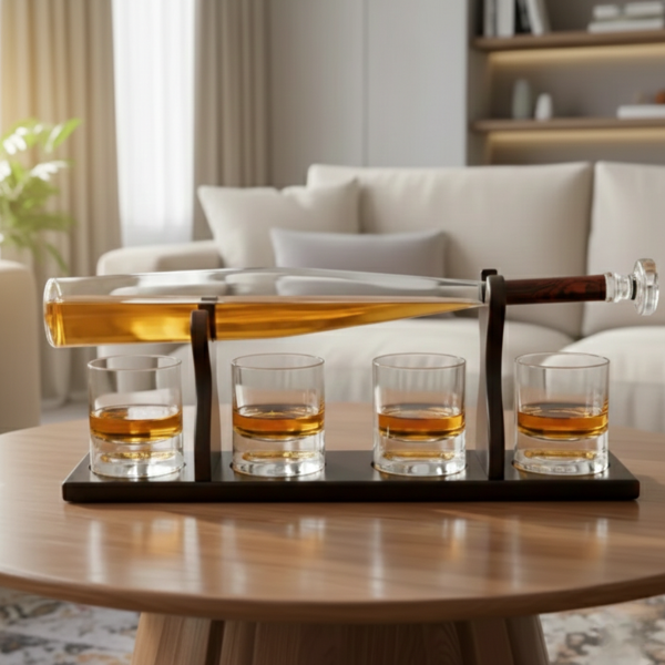 Decanter set with stand and 4 glasses "Baseball Bat"