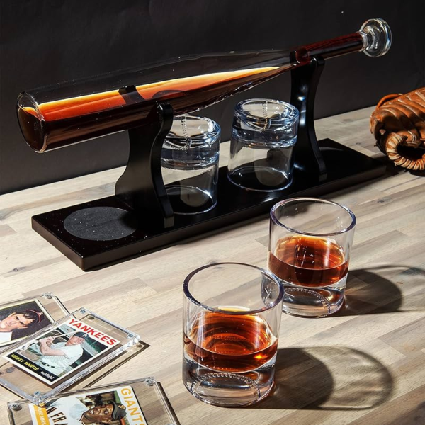 Decanter set with stand and 4 glasses "Baseball Bat"