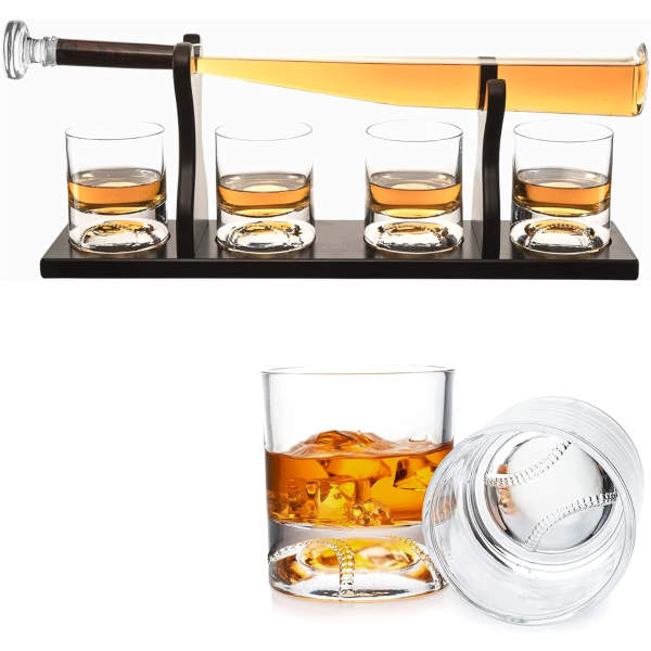 Decanter set with stand and 4 glasses "Baseball Bat"