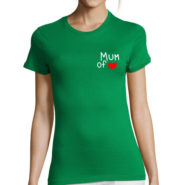 Women's T-shirt "Mum" with your selected number of hearts