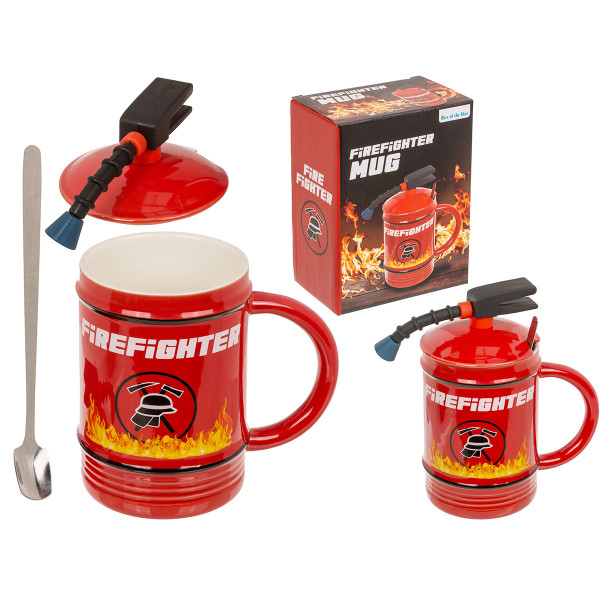 Firefighter mug “Extinguisher” with lid and spoon (450 ml)