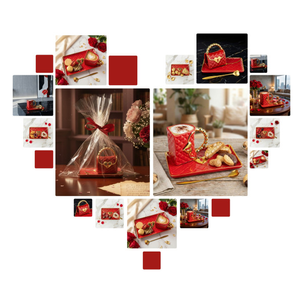 Mug "Handbag" with a saucer and a heart-shaped spoon