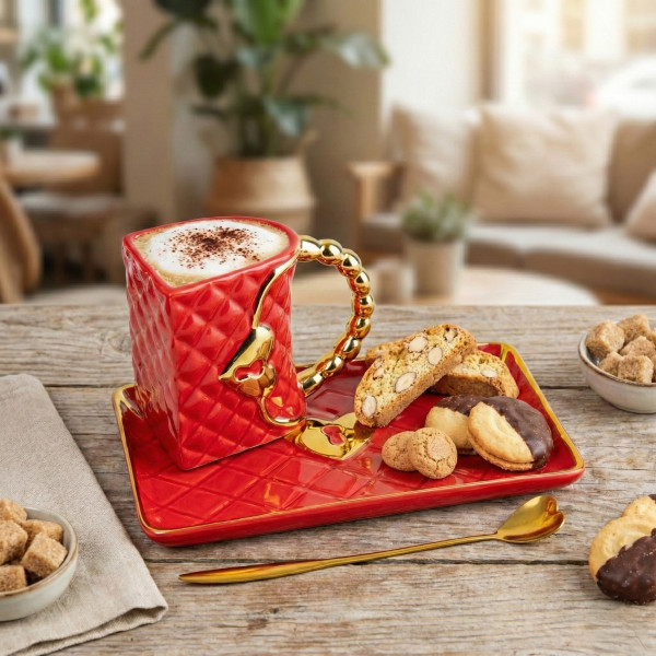 Mug "Handbag" with a saucer and a heart-shaped spoon