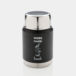 Vacuum food thermos with spoon "Work hard. Eat lunch." Vacuum food thermos with spoon "Work hard. Eat lunch."