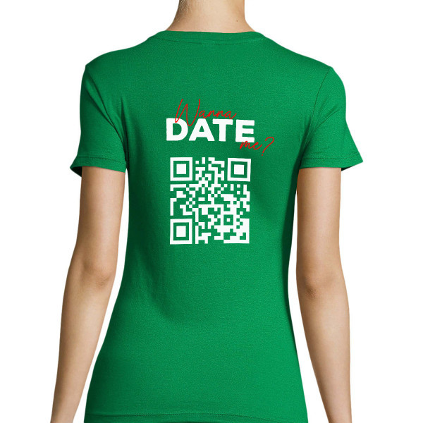 Women's T-shirt "Wanna date me?" with a personalized QR code