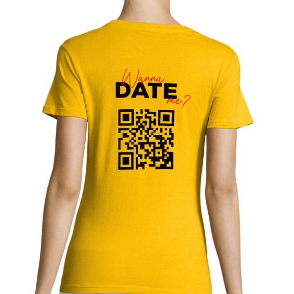Women's T-shirt "Wanna date me?" with a personalized QR code